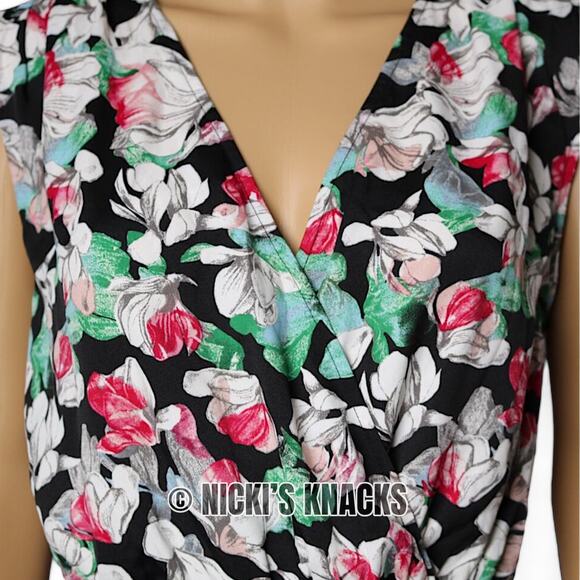 BCBGMaxazria Floral Faux Wrap Romper Black White Pink Green Cap Sleeve Size S - Picture 3 of 11